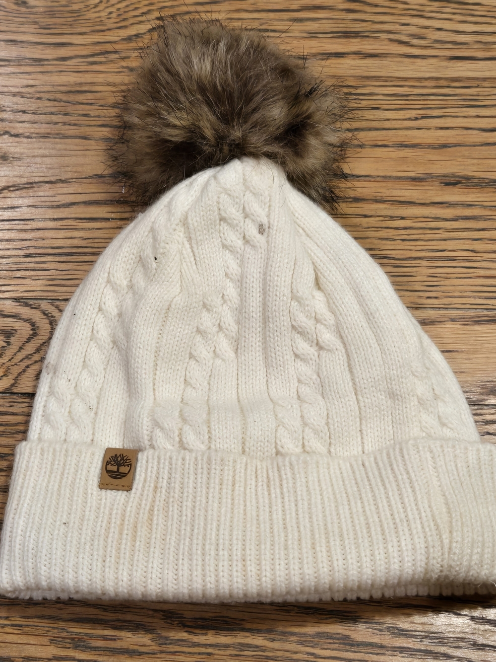 Timberland Women's Cable Knit Faux Fur Pom Beanie